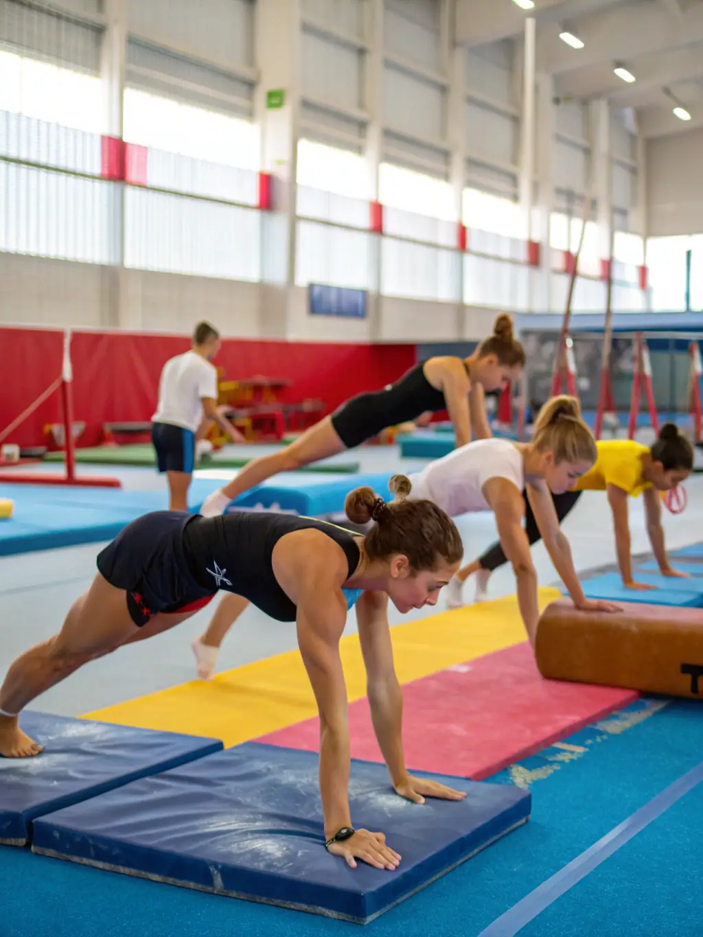 A picture of participants in a gymnastics workshop, demonstrating various exercises and techniques, with an emphasis on learning and skill development.
