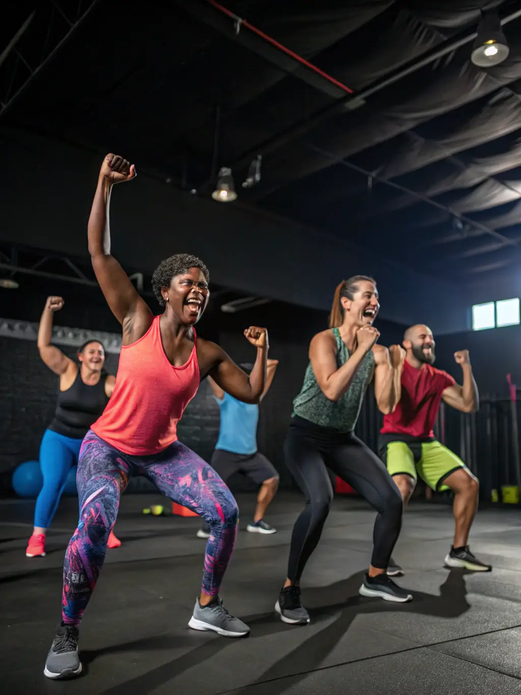 A group of diverse individuals participating in a gymnastics class, showcasing teamwork and support.