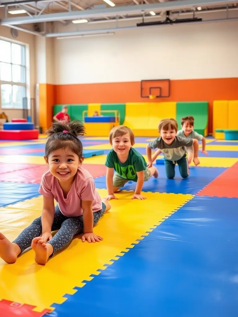A diverse group of children practicing basic gymnastic moves on mats, supervised by qualified instructors, in a safe and supportive environment. The children are laughing and encouraging each other.