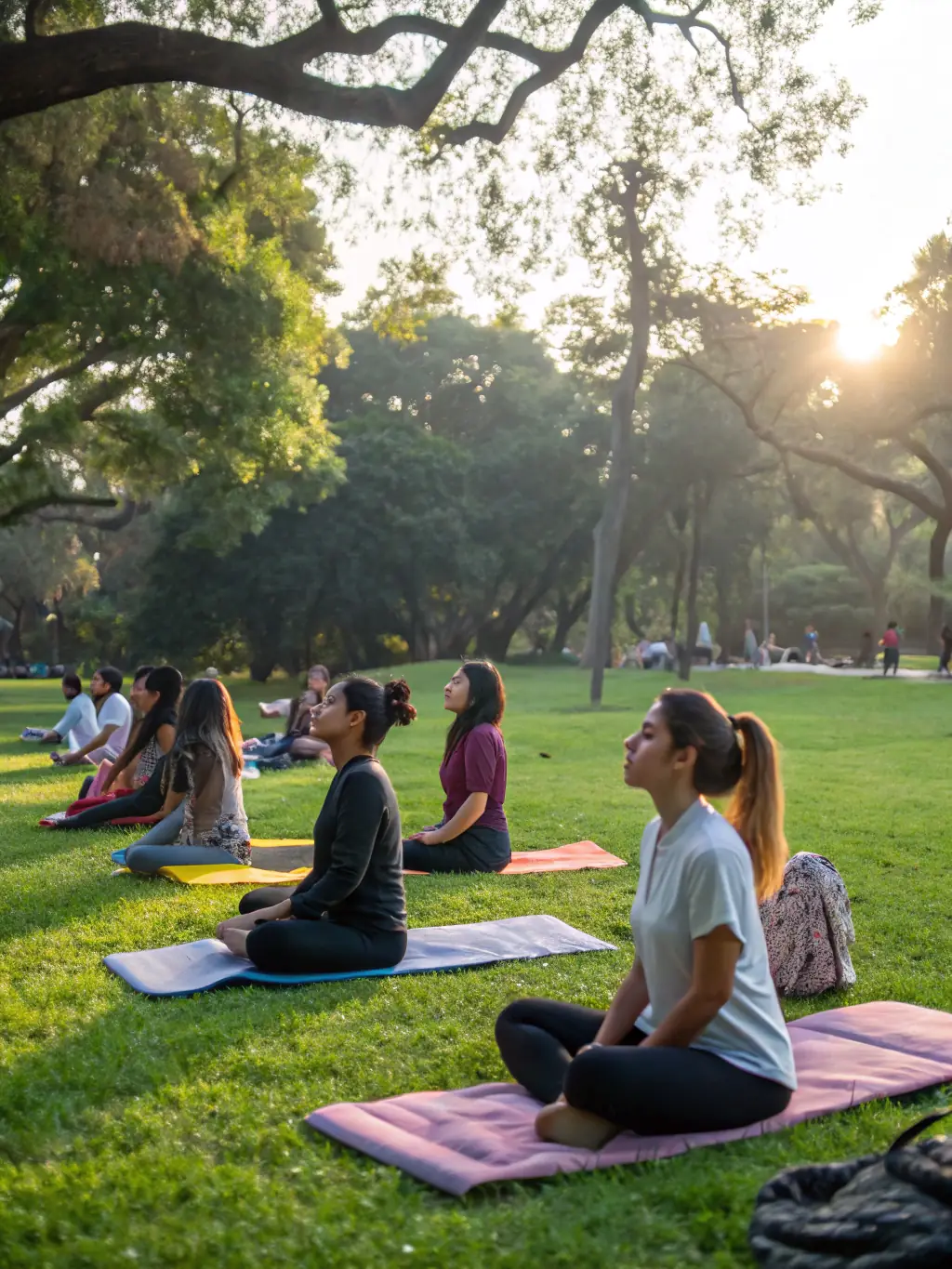 A group of people participating in a yoga class in a park, with a certified instructor guiding them through various poses. The atmosphere is serene and relaxing, emphasizing mental and physical well-being.