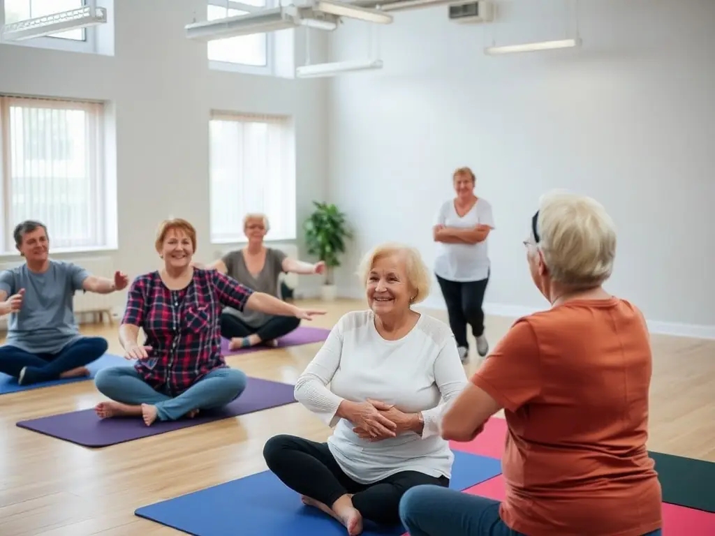 A group of senior citizens participating in a gentle exercise class, focusing on mobility and balance, with an instructor providing modifications and support.