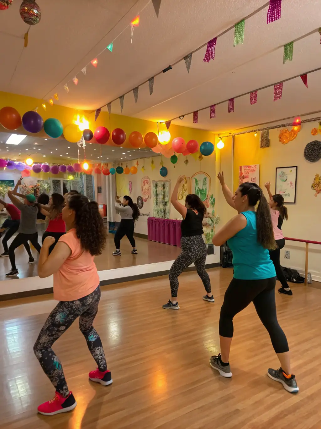 A group of adults participating in a Zumba class, led by an energetic instructor, in a dance studio. The participants are moving to the music and having fun, showcasing the social aspect of the activity.