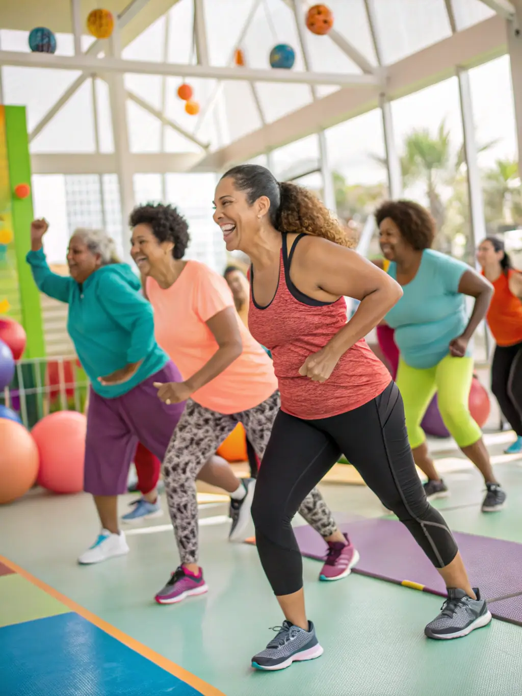 A group of adults participating in a low-impact aerobics class, led by an instructor, in a brightly lit studio. The participants are smiling and engaged, demonstrating the health benefits of the program.