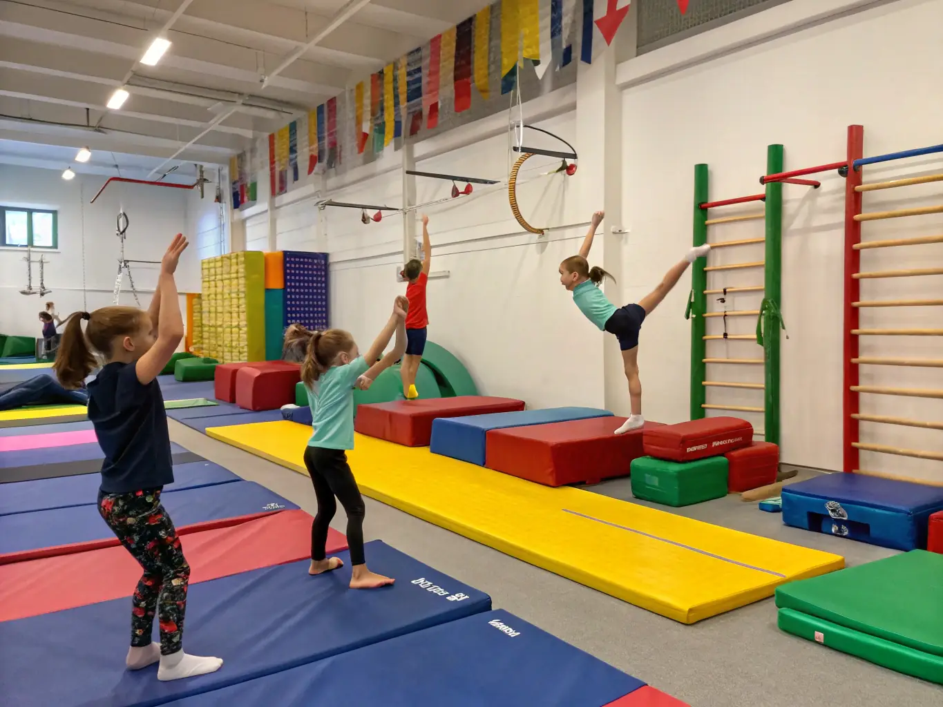 A group of children participating in a gymnastics class, focusing on balance and coordination, with a qualified instructor guiding them in a safe and supportive environment.