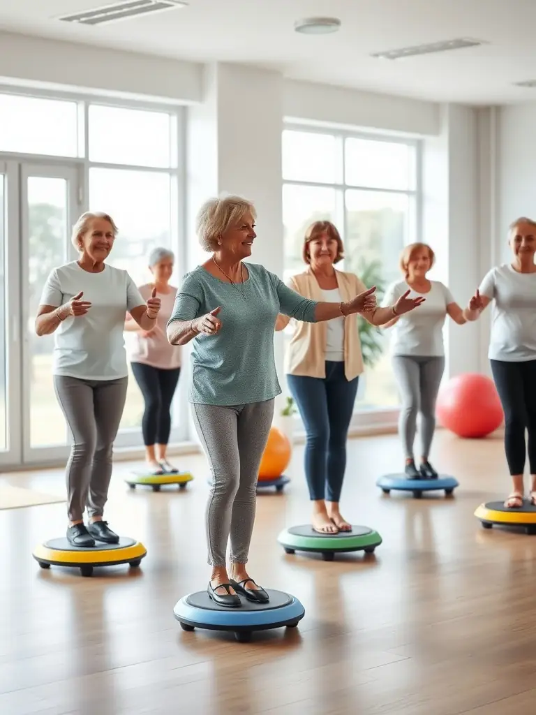 An image of senior citizens participating in a gentle gymnastics class, highlighting their smiles and active engagement, with a focus on promoting mobility and well-being.