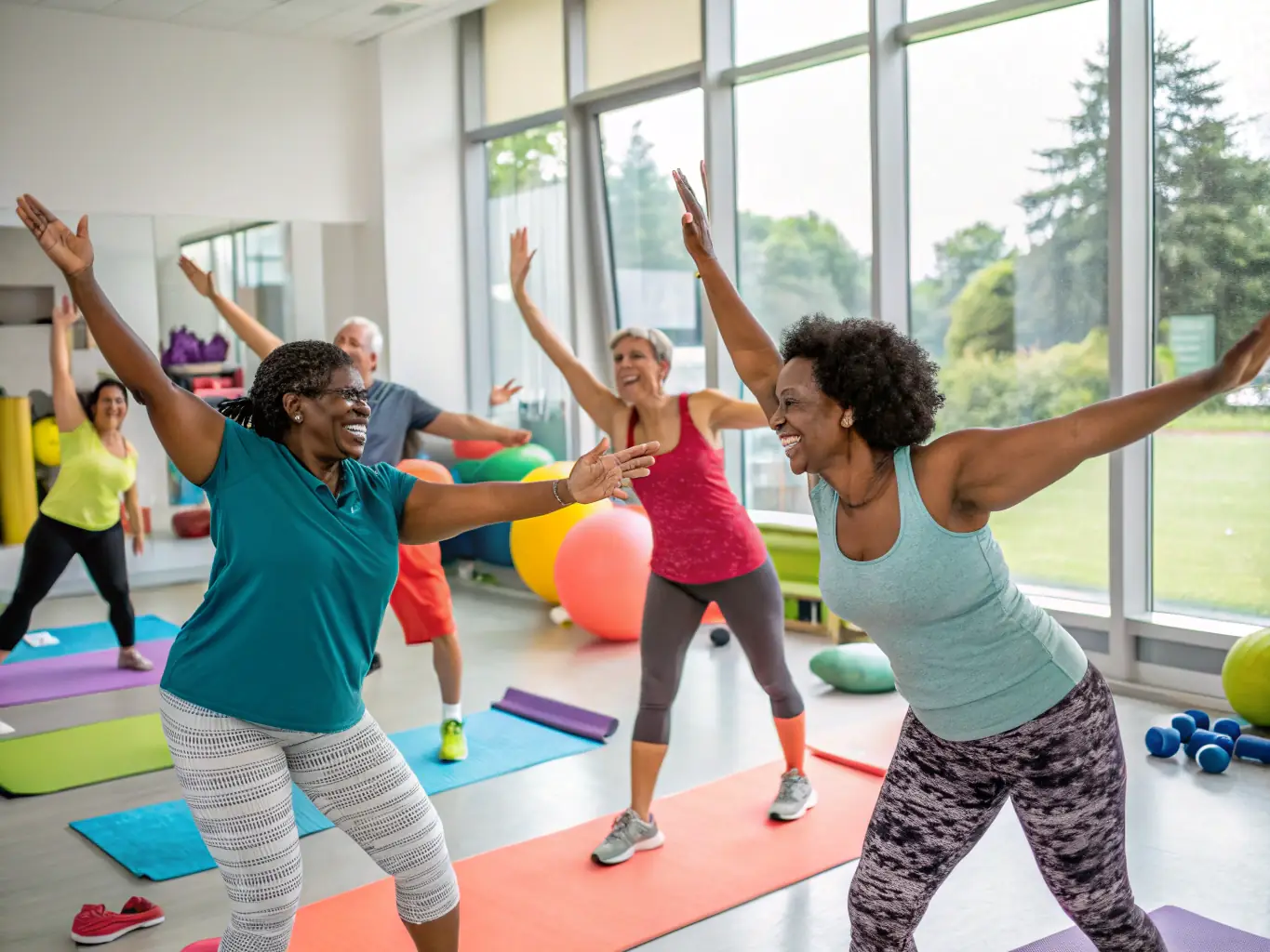 A group of adults participating in a fitness class, performing various exercises under the guidance of a certified fitness instructor in a well-equipped gym.